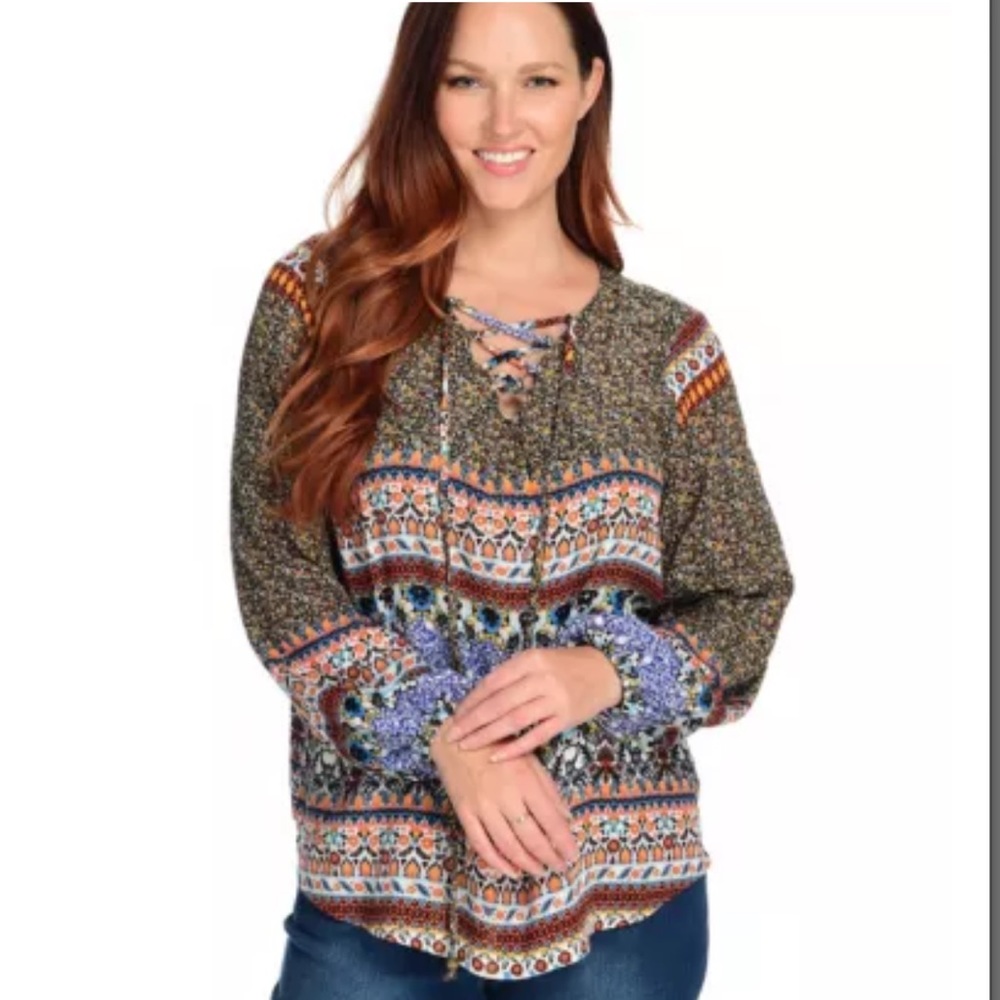 Farmers Market by One World Boho Mixed Print Lace-up Neck Blouse Size Small